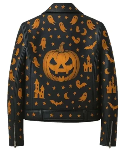Haunted Halloween Black Leather Biker Jacket with Printed Pumpkin Ghost and Stars