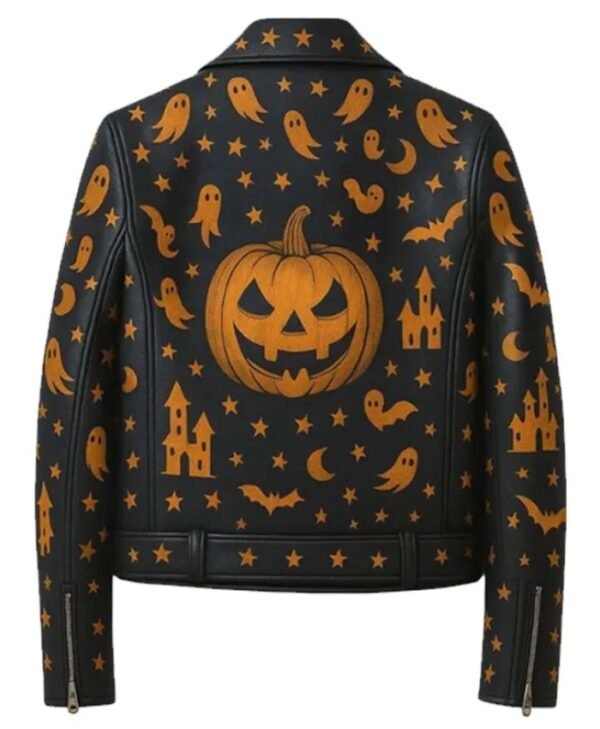 Haunted Halloween Black Leather Biker Jacket with Printed Pumpkin Ghost and Stars