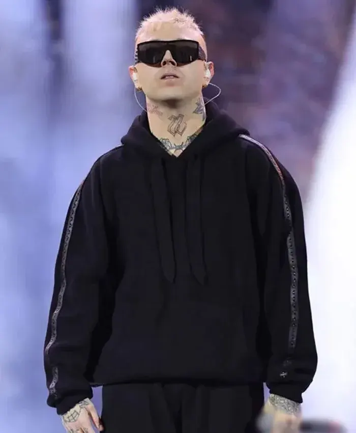 Rapper Lazza 74th Sanremo Music Festival Black Pullover Drawstring Hoodie