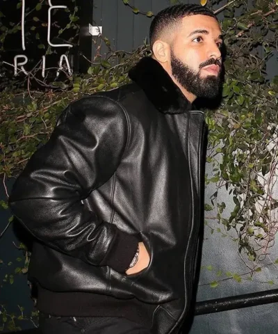 Rapper Drake Bomber leather Jacket with Shearling Collar