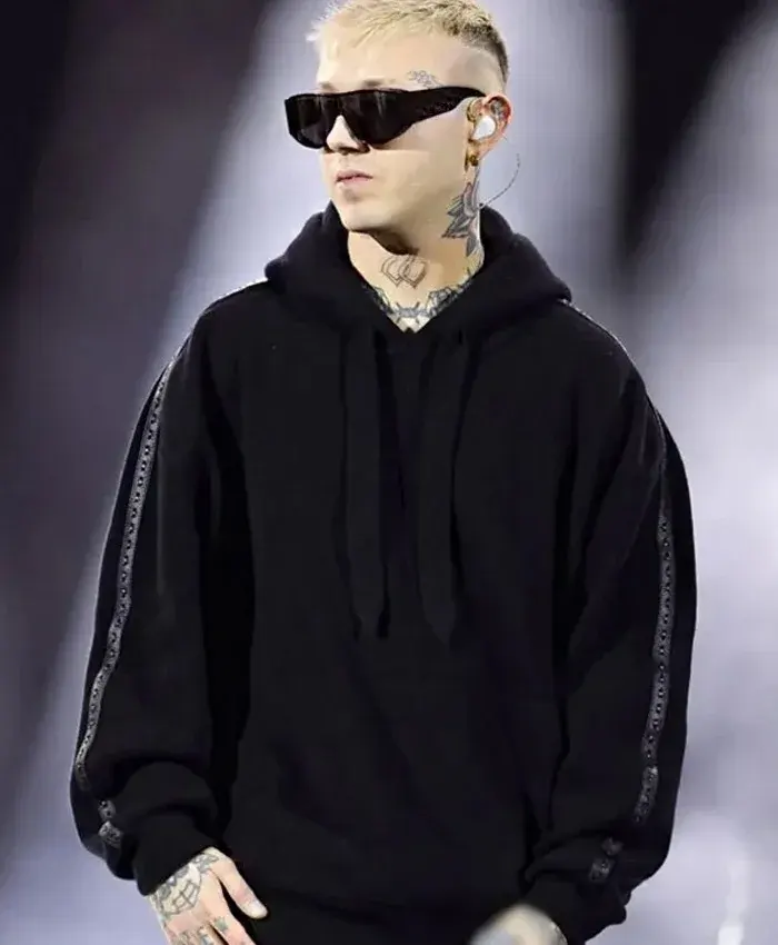 Rapper Lazza 74th Sanremo Music Festival Black Pullover Drawstring Hoodie