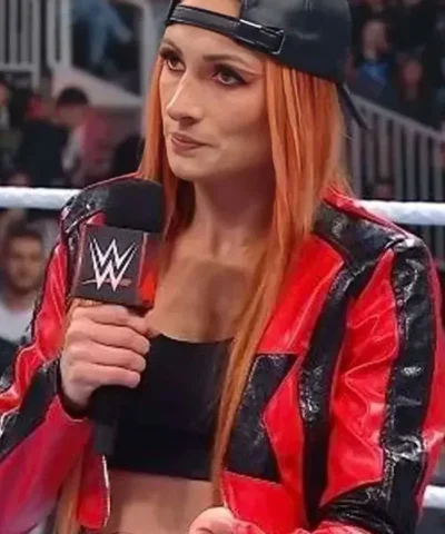 WWE Wrestler Becky Lynch Red and Black Cropped Leather Jacket