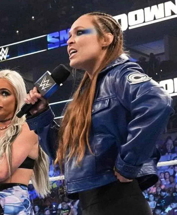 WWE Smackdown Wrestler Ronda Rousey Blue Cropped Leather Jacket