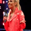WWE Carmella Red Leather Biker Jacket with White Stars