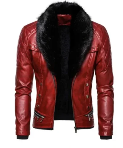 WWE Wrestler Seth Rollins Red Quilted Leather Jacket with Fur Collar