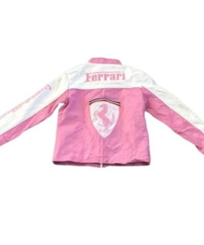 Women Pink and White Real Leather Ferrari Racer Jacket
