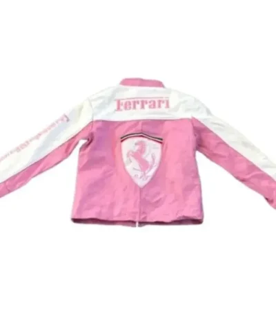 Women Pink and White Real Leather Ferrari Racer Jacket