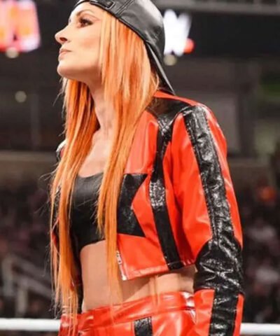 Wrestler Becky Lynch Red and Black Cropped Leather Jacket