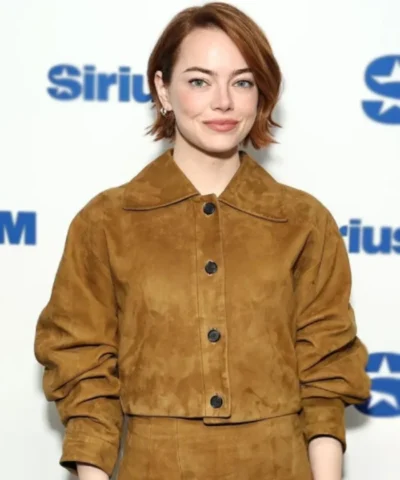 Emma Stone SiriusXM’s Town Hall Suede Leather Brown Cropped Jacket