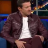 Jeremy Renner The Late Show With Stephen Colbert Maroon Biker Leather Jackets