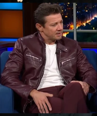 Jeremy Renner The Late Show With Stephen Colbert Maroon Biker Leather Jackets