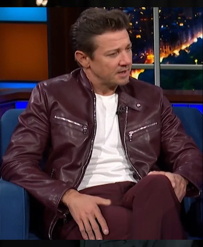 Jeremy Renner The Late Show With Stephen Colbert Maroon Biker Leather Jackets