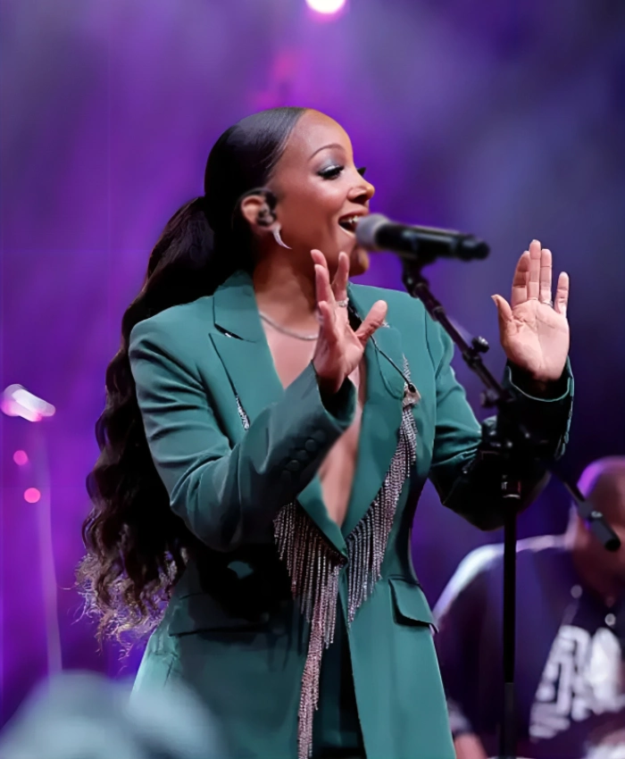 Mickey Guyton Countdown of Christmas 2025 Rhinestone Fringe Blazer