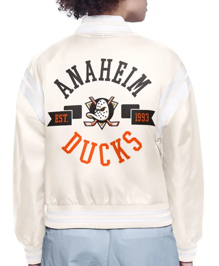 Printed Logo Anaheim Ducks Varsity Satin Jacket White Back