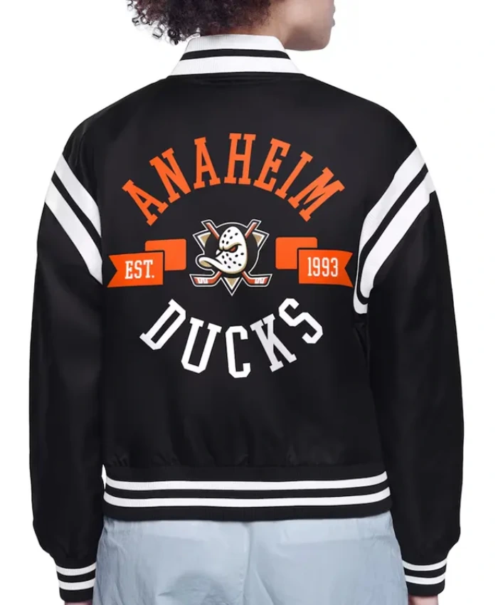 Printed Logo Anaheim Ducks Varsity Satin Jacket Black Back
