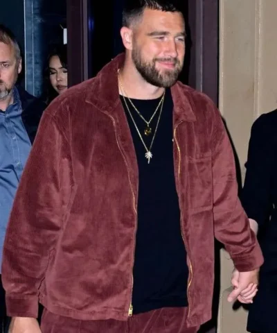Travis Kelce Second Date Night 2025 Maroon Corduroy Jacket