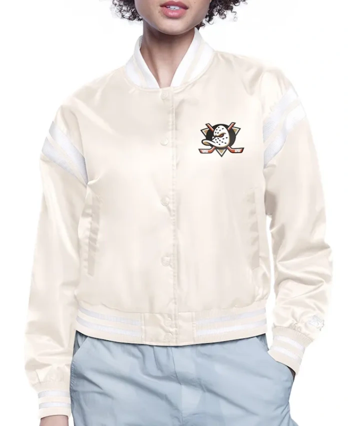 Printed Logo Anaheim Ducks Varsity Satin Jacket White