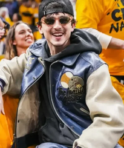 Alternative view of Timothee Chalamet NBA Indiana Pacers Leather Jacket