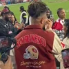 San Francisco 49ers Fred Warner Maroon and Beige Bomber Varsity Jacket