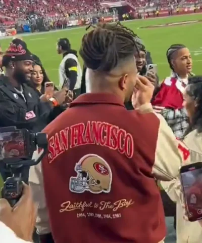 San Francisco 49ers Fred Warner Maroon and Beige Bomber Varsity Jacket