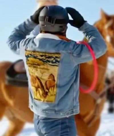 Jake Hollis TV Movie A Wild West Christmas 2025 Joe Scarpellino Horse Printed Denim Jacket
