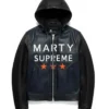 Marty Supreme Navy Hooded Faux Leather Jacket
