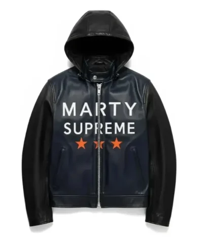 Marty Supreme Navy Hooded Faux Leather Jacket