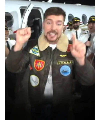 MrBeast Brown Aviator Leather Jacket