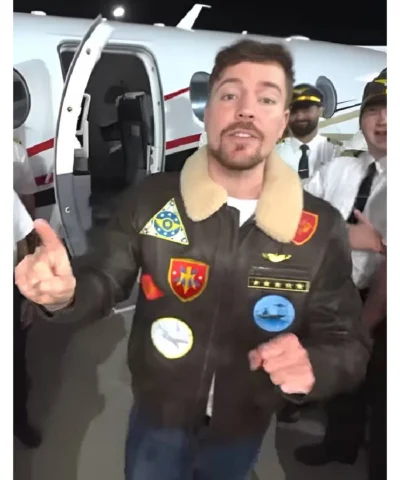 MrBeast Brown Aviator Leather Jacket