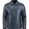 Padded Sleeves Blue Leather Jacket For Men