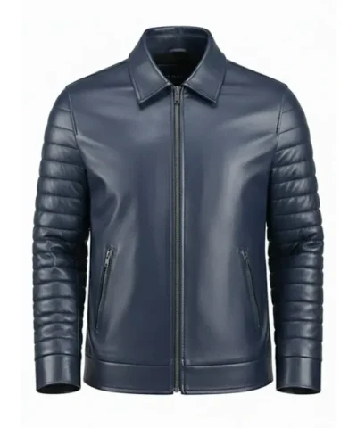 Padded Sleeves Blue Leather Jacket For Men