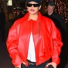 Rihanna Red Oversized Leather Jacket
