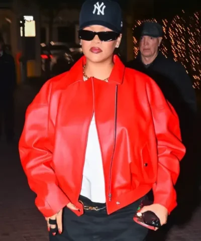 Rihanna Red Oversized Leather Jacket