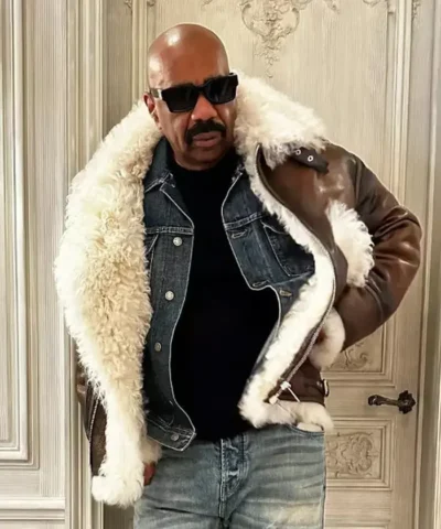 Steve Harvey with Ooze Aviator Swag Shearling Leather Jacket