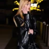 Natalia Dyer NYC PaleyLive Event Black Leather Jacket
