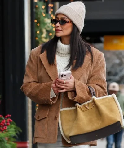Street Style Shay Mitchell Brown Corduroy Jacket
