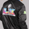 2026 San Francisco Bay Area Super Bowl LX Black Satin Varsity Jacket with Multicolor Ribbed Cuffs and Hemline