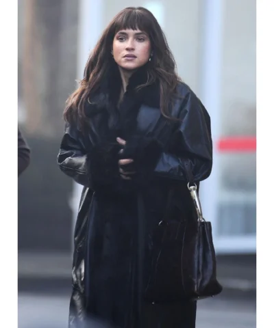 Adria Arjona Black Leather Coat