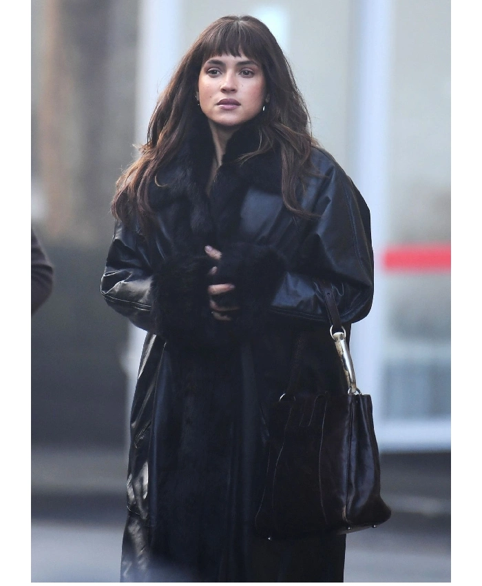 Adria Arjona Black Leather Coat