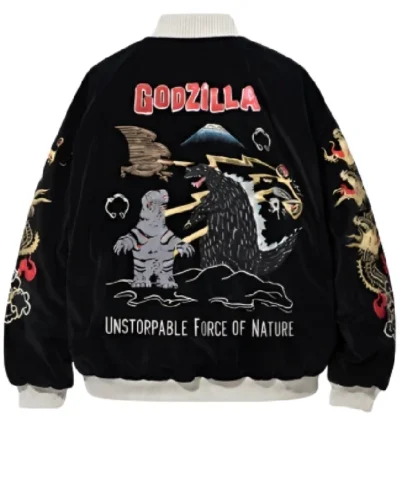 Black Godzilla Embroidered Bomber Jacket