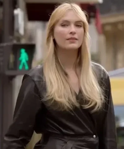 Camille Razat Emily In Paris S02 Dark Brown Leather Coat