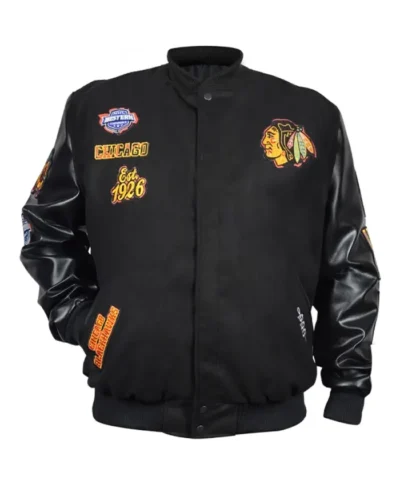 Chicago Blackhawks Animal Patches Black Varsity Jacket