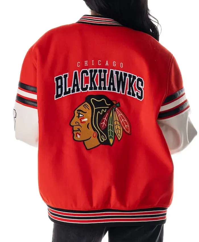 Chicago Blackhawks Drop Shoulder Full-Snap Red Varsity Jacket Woman