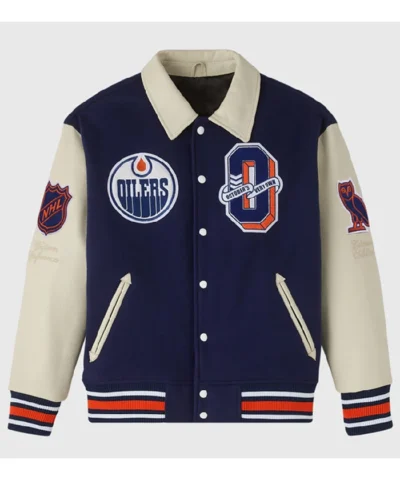 Edmonton Oilers OVO Navy and Beige Varsity Jacket