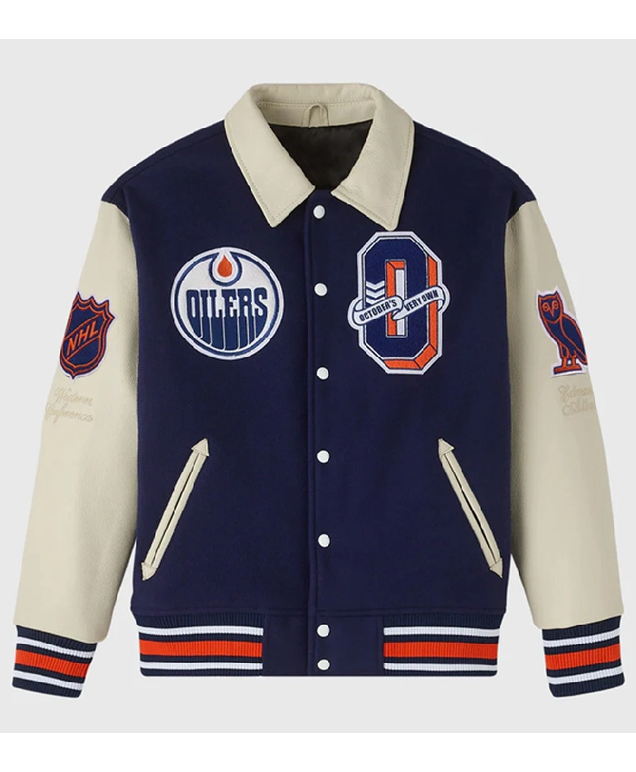 Edmonton Oilers OVO Navy and Beige Varsity Jacket