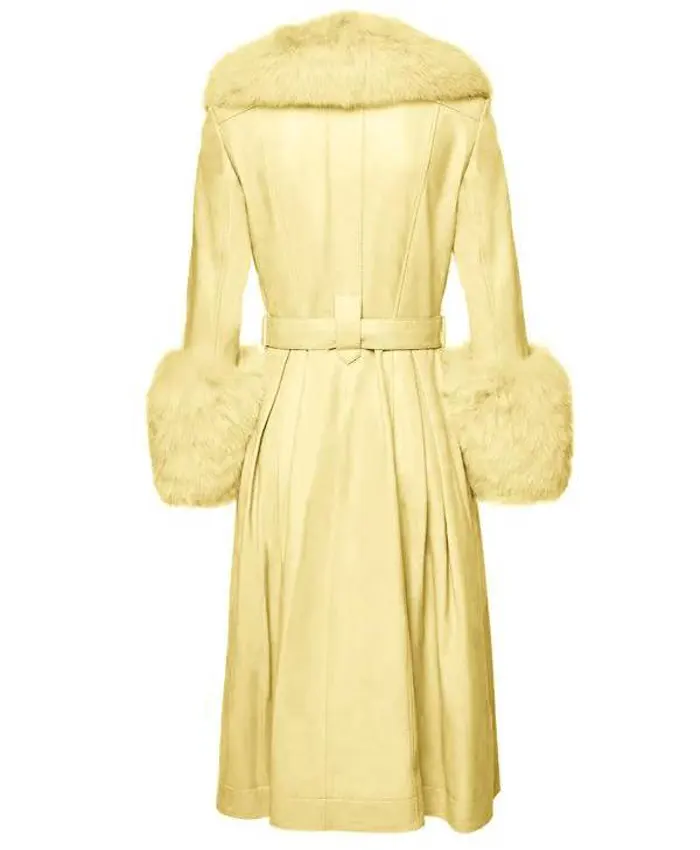 Elsbeth S03 Carrie Preston Fur Trim Yellow Leather Coat