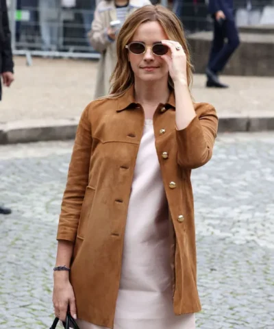 Emma Watson Paris Fashion Show Suede Leather Coat