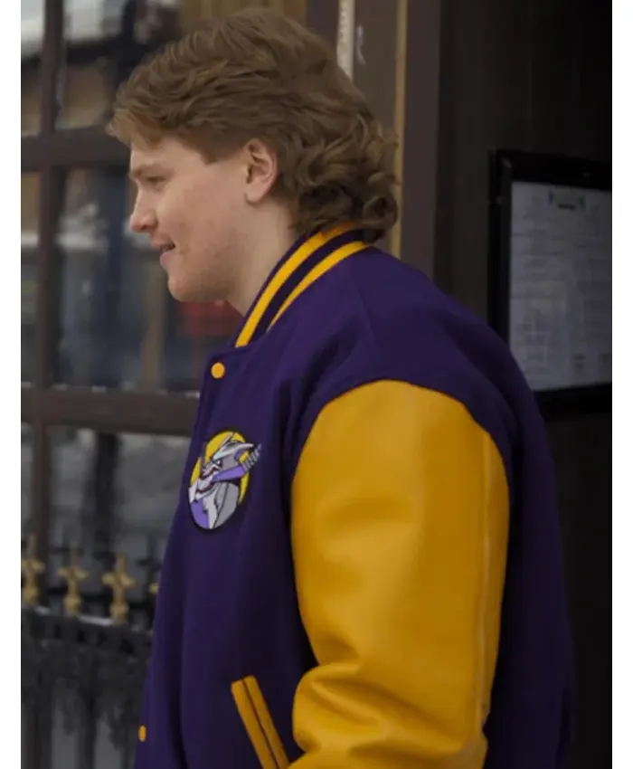 Weston Scannell Finding Her Edge Tv Series Aidan Shaw Purple and Yellow Varsity Jacket