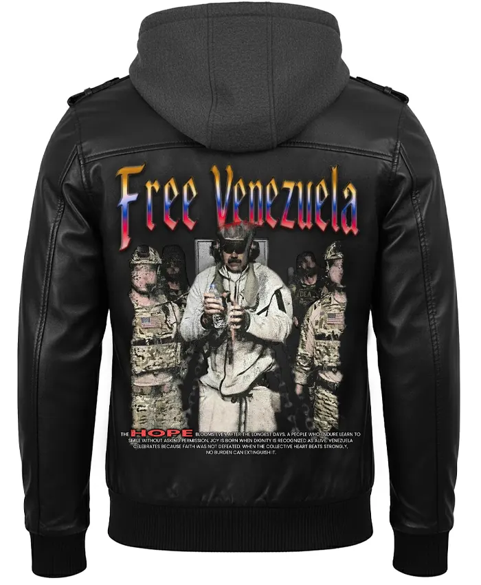 Free Venezuela Black Leather Hooded Bomber Jacket