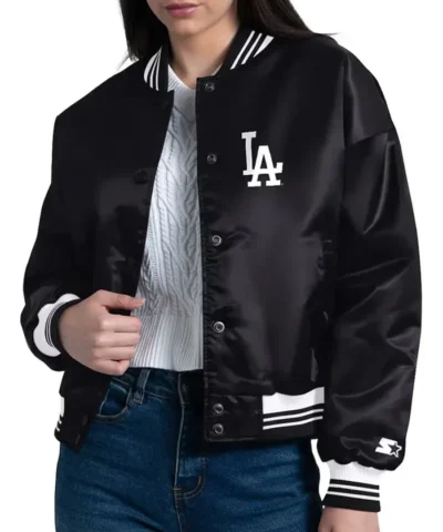 LA Dodgers Printed Logo Black Varsity Satin Jacket